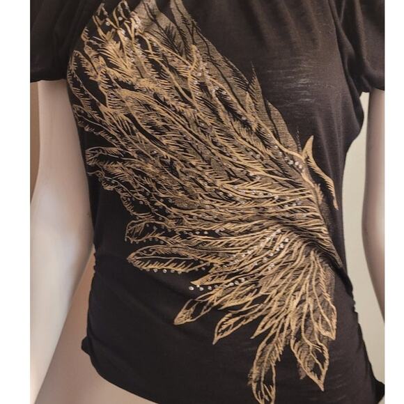 Vintage 80s Feather Wing Rhinestone Open Back Blouse Sz Medium Retro Kitschy - Picture 2 of 10